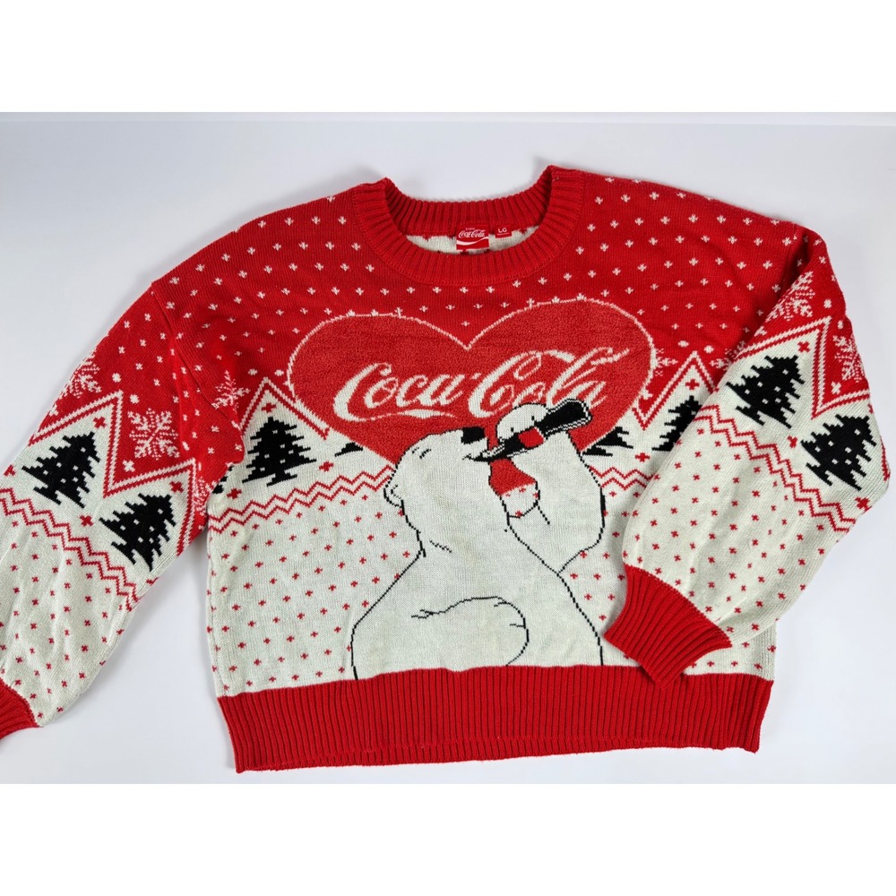 Coca-Cola Polar Bear Heart Fair Isle Holiday Sweater Red White LG